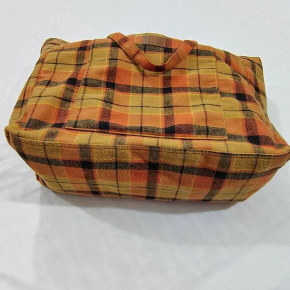 Maurices Plaid Flannel Tote Bag Button Closure Front Pocket Striped Lining - Picture 3 of 16